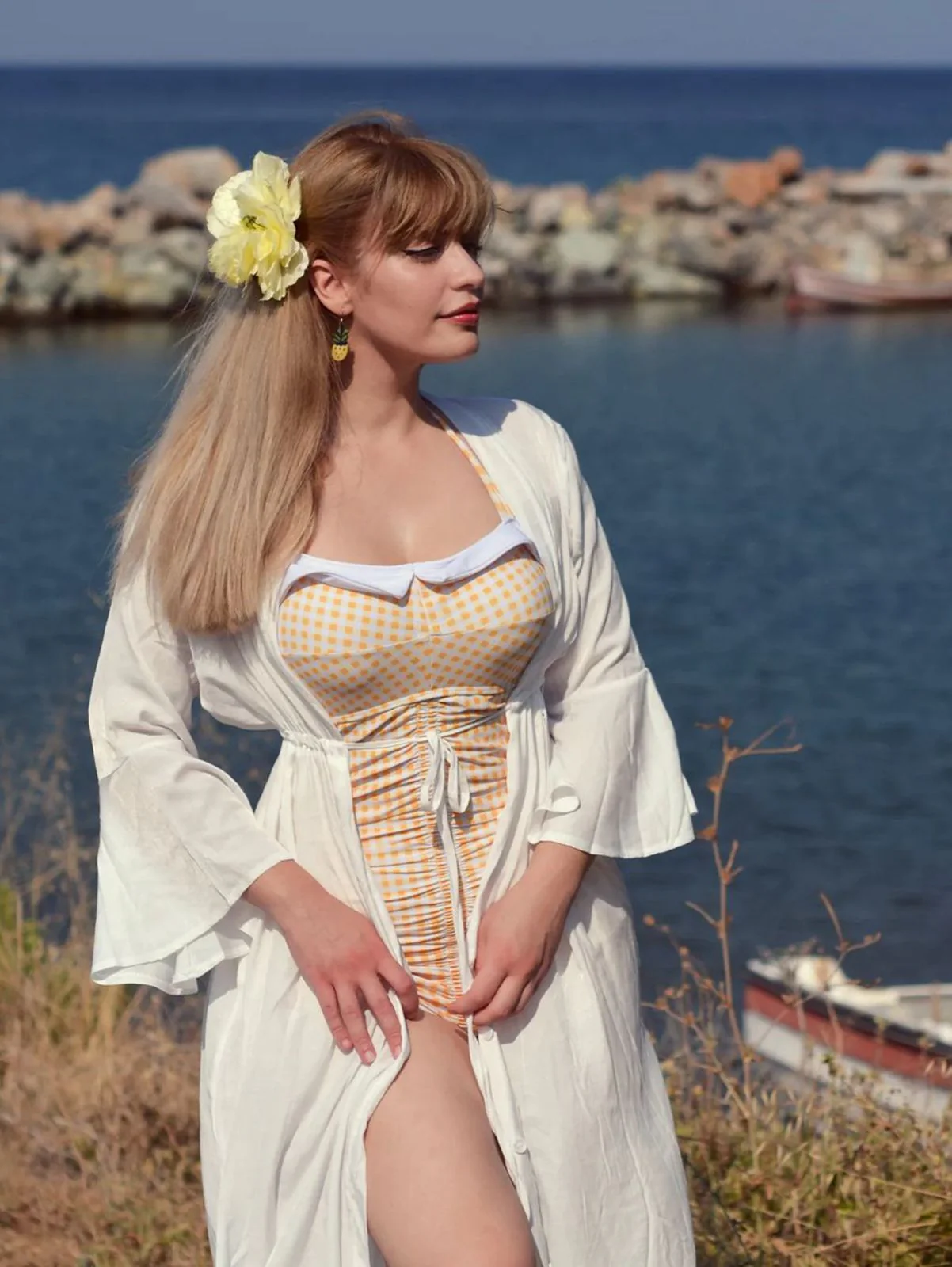 Checked 1950s Halter Bowknot One-piece Swimsuit